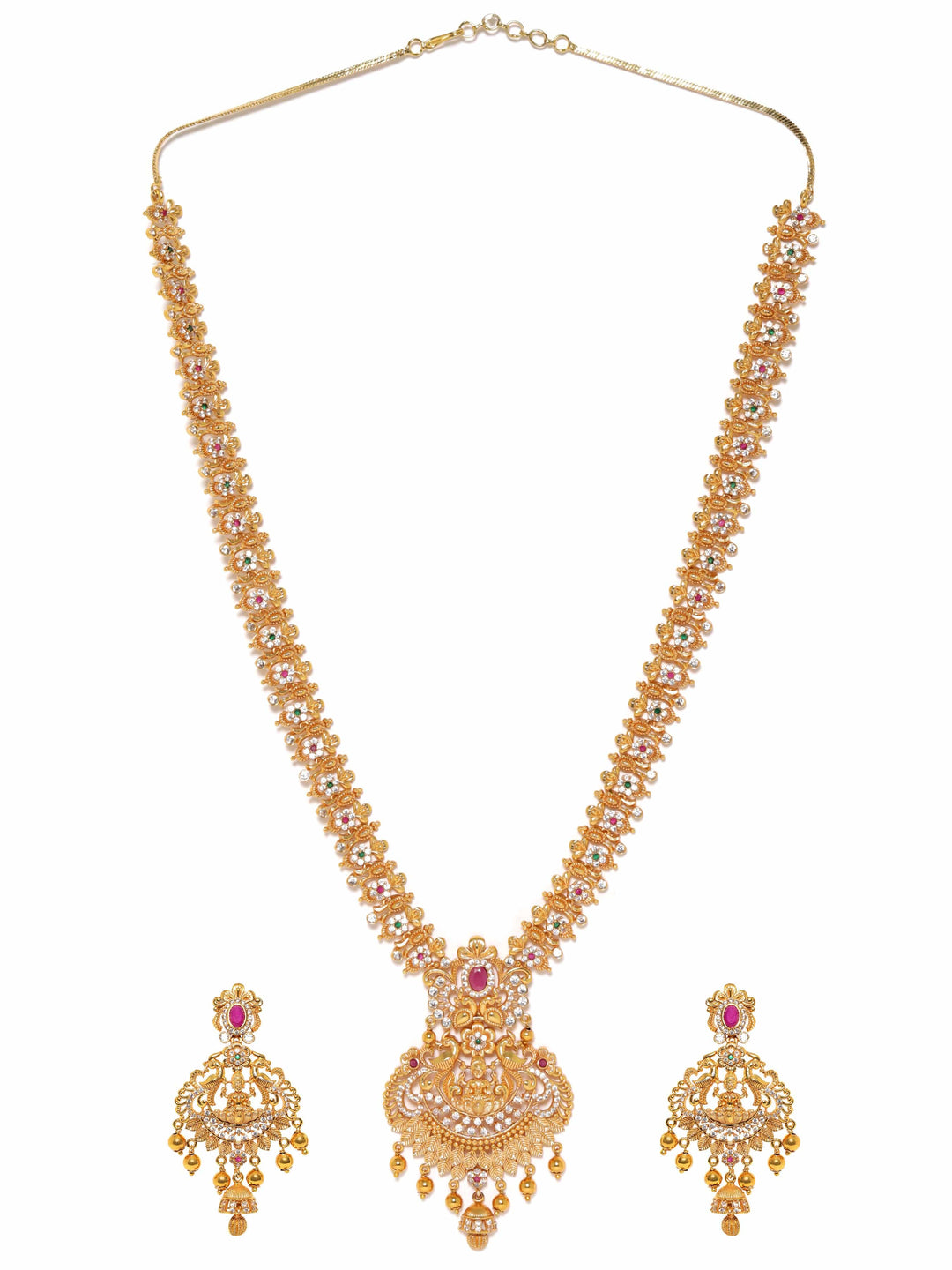 Rubans 22K Gold Plated Red Kemp Stone studded Handcrafted Floral Temple Long Necklace Set Jewellery Sets