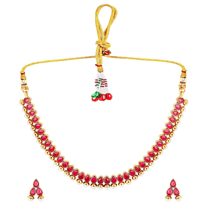 Rubans 22K Gold-Plated Red Stone & Pearl Beaded Traditional Jewellery Set Necklace Set