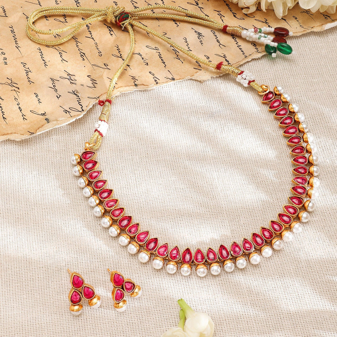 Rubans 22K Gold-Plated Red Stone & Pearl Beaded Traditional Jewellery Set Necklace Set