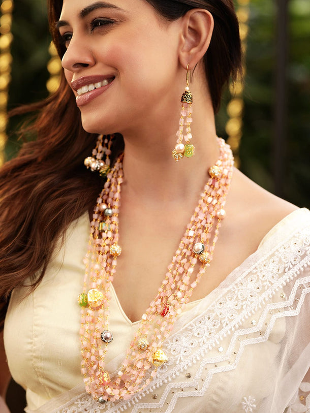 Rubans 22K Gold plated Rose Quartz Semi precious Gem Beaded Zirconia studded Multilayer Statement Necklace Set. Jewellery Sets