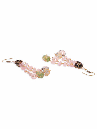Rubans 22K Gold plated Rose Quartz Semi precious Gem Beaded Zirconia studded Multilayer Statement Necklace Set. Jewellery Sets
