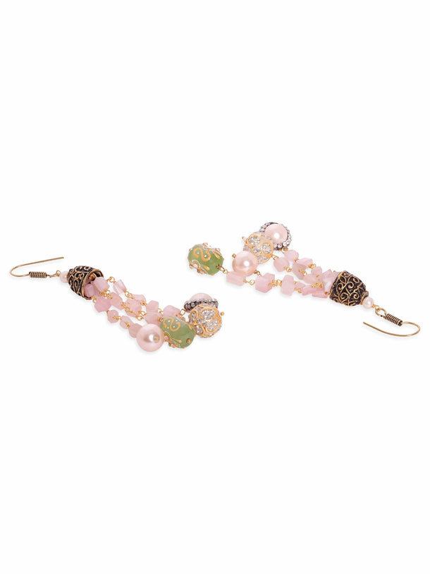 Rubans 22K Gold plated Rose Quartz Semi precious Gem Beaded Zirconia studded Multilayer Statement Necklace Set. Jewellery Sets