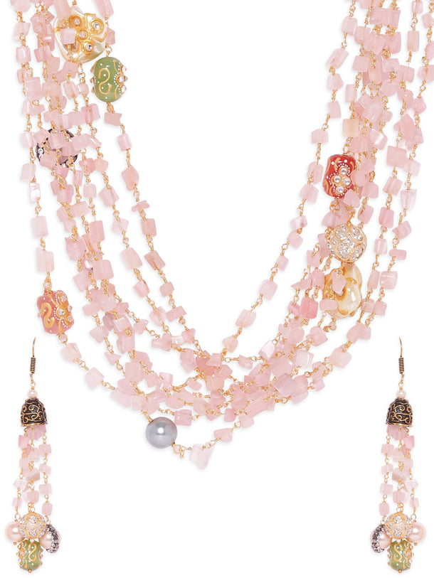 Rubans 22K Gold plated Rose Quartz Semi precious Gem Beaded Zirconia studded Multilayer Statement Necklace Set. Jewellery Sets