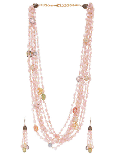 Rubans 22K Gold plated Rose Quartz Semi precious Gem Beaded Zirconia studded Multilayer Statement Necklace Set. Jewellery Sets