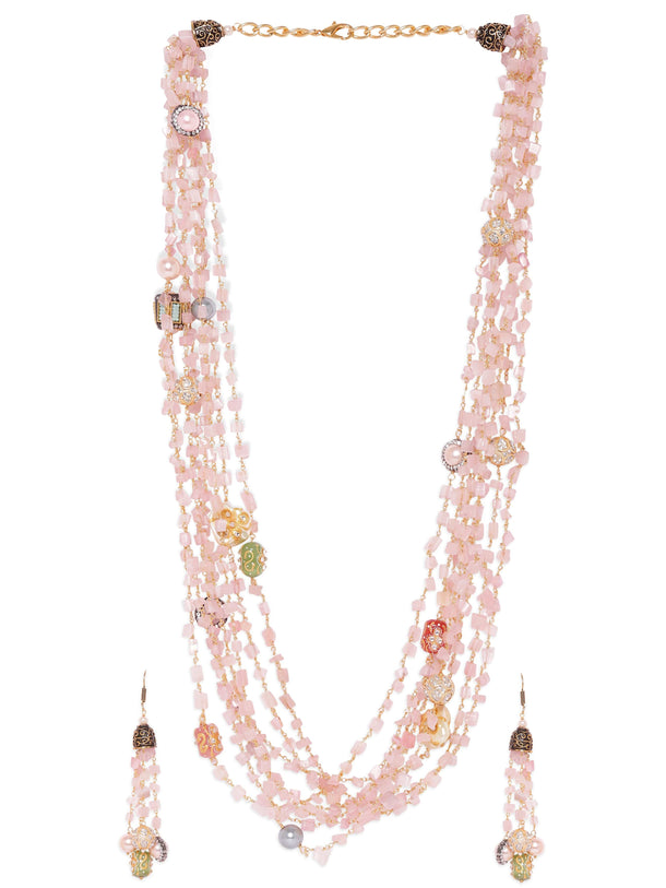 Rubans 22K Gold plated Rose Quartz Semi precious Gem Beaded Zirconia studded Multilayer Statement Necklace Set. Jewellery Sets