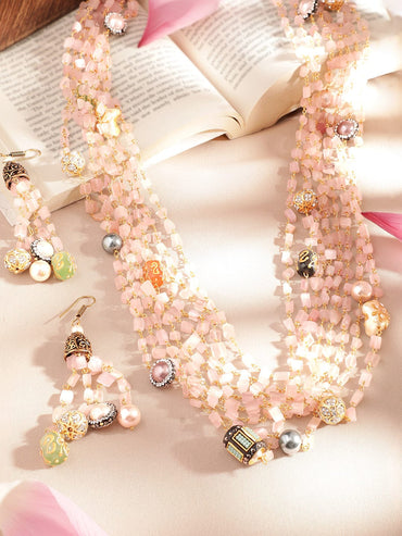 Rubans 22K Gold plated Rose Quartz Semi precious Gem Beaded Zirconia studded Multilayer Statement Necklace Set. Jewellery Sets