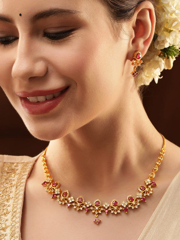 Rubans 22K Gold Plated Ruby & Cubic Zirconia Studded Handcrafted Traditional Jewellery Set Necklace Set