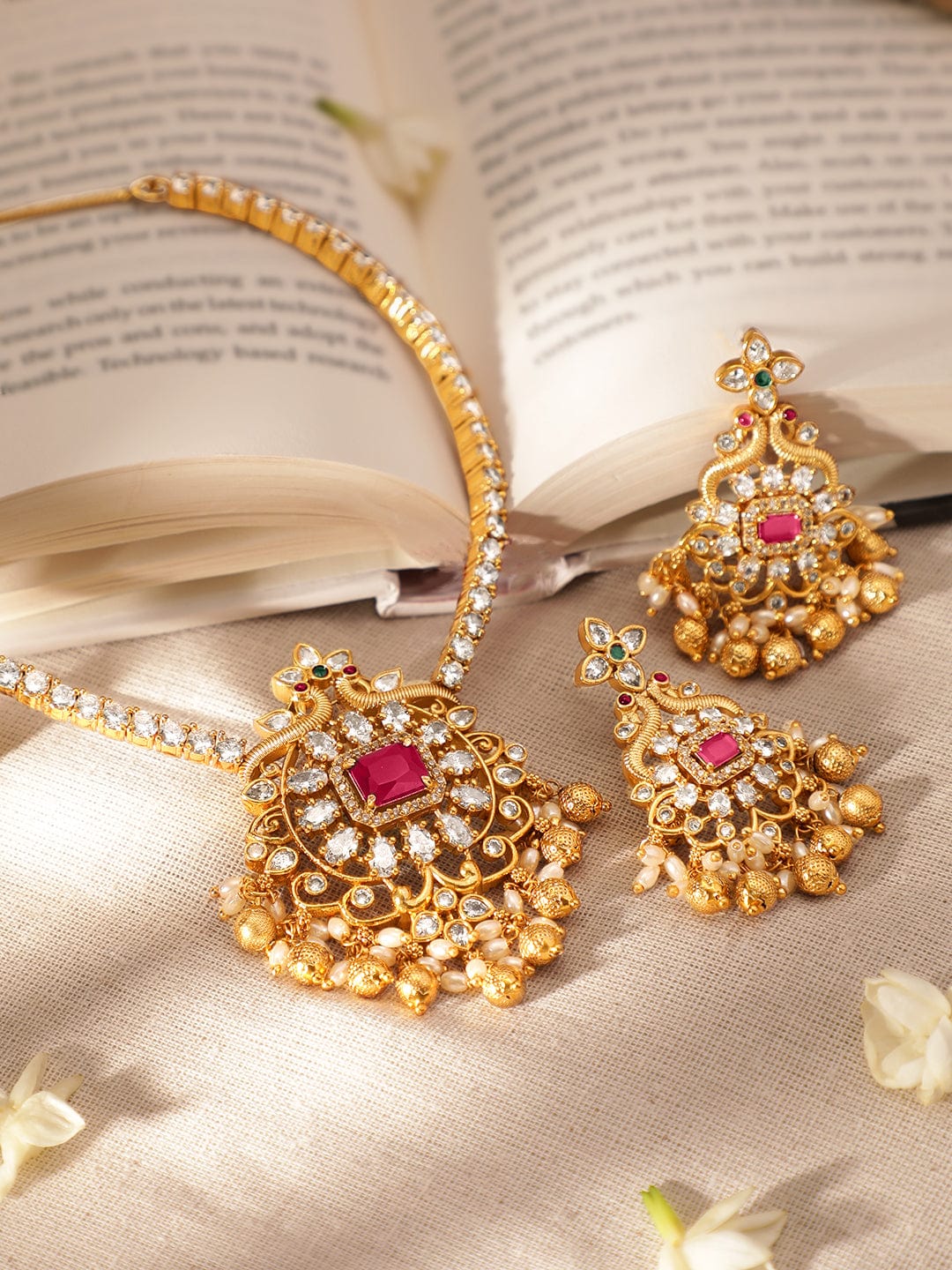 Rubans 22K Gold Plated Ruby & Cubic Zirconia Studded Jewellery Set with Golden & Pearl Beads Necklace Set