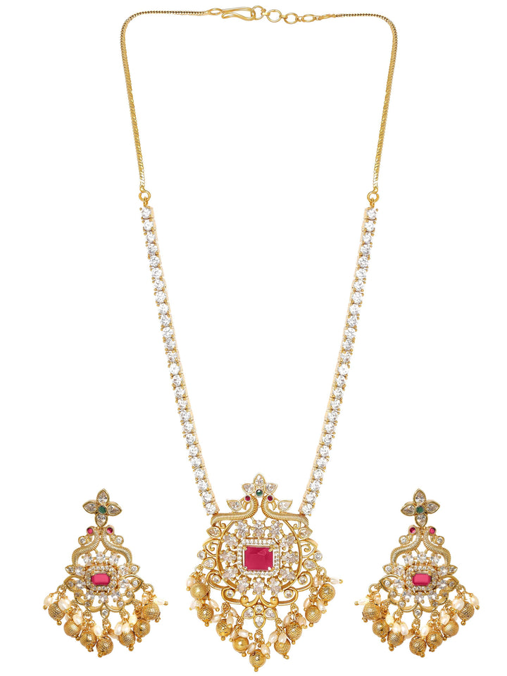 Rubans 22K Gold Plated Ruby & Cubic Zirconia Studded Jewellery Set with Golden & Pearl Beads Necklace Set