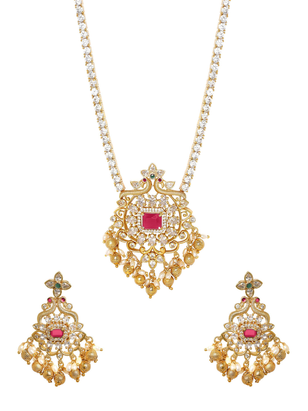 Rubans 22K Gold Plated Ruby & Cubic Zirconia Studded Jewellery Set with Golden & Pearl Beads Necklace Set