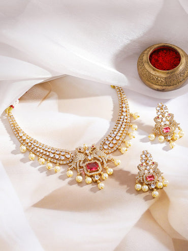 Rubans 22K Gold-Plated Ruby, Cubic Zirconia Studded Peacock Necklace Set with Pearl Drops Necklaces, Necklace Sets, Chains & Mangalsutra