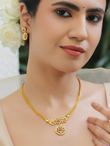 Rubans 22K Gold-Plated Ruby & Cubic Zirconia Studded Pendant Necklace Set with Earrings Jewellery Set