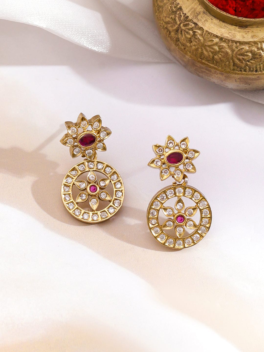 Rubans 22K Gold-Plated Ruby & Cubic Zirconia Studded Pendant Necklace Set with Earrings Jewellery Set
