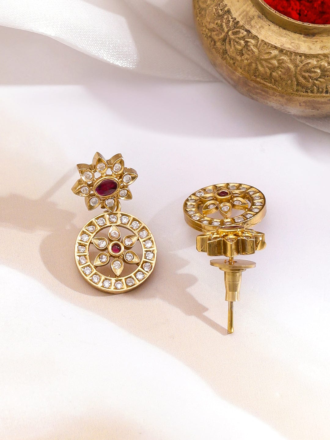 Rubans 22K Gold-Plated Ruby & Cubic Zirconia Studded Pendant Necklace Set with Earrings Jewellery Set