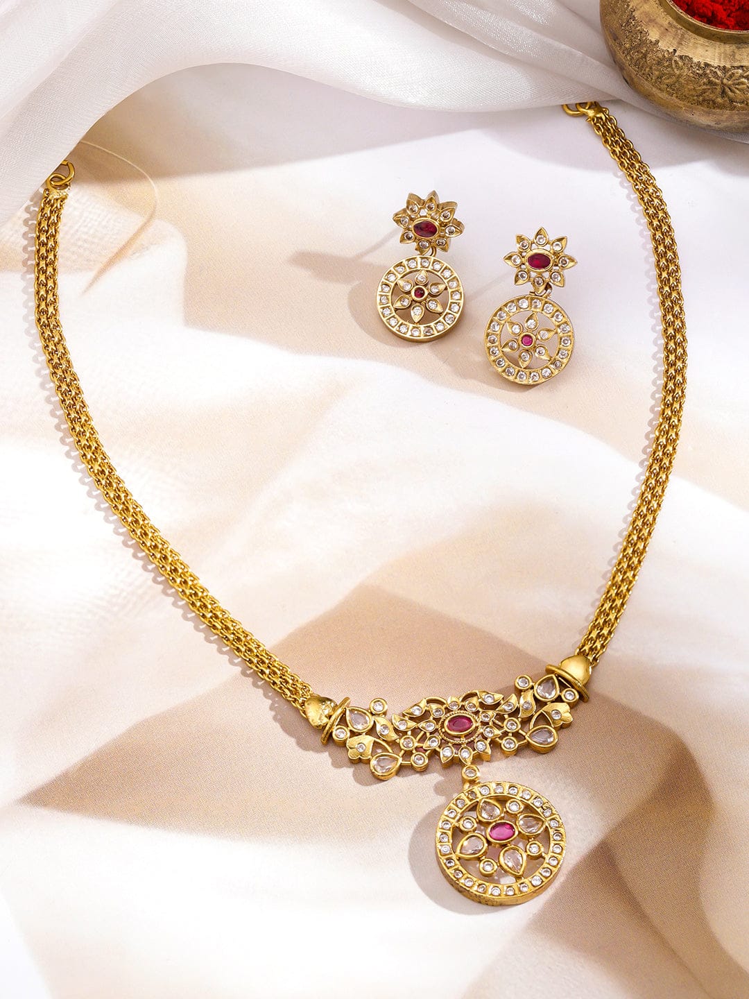 Rubans 22K Gold-Plated Ruby & Cubic Zirconia Studded Pendant Necklace Set with Earrings Necklaces, Necklace Sets, Chains & Mangalsutra