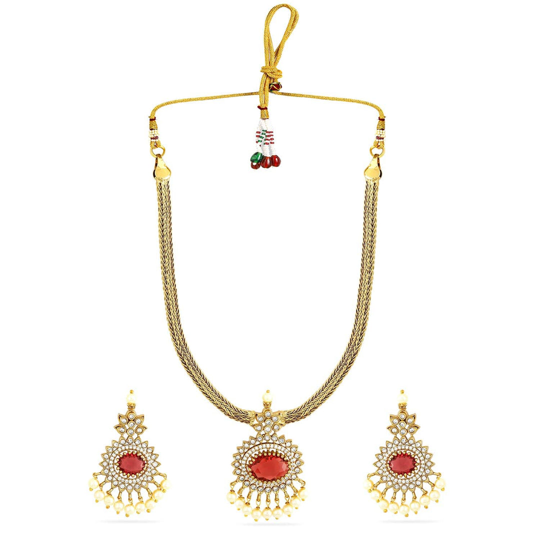 Rubans 22K Gold-Plated Ruby & Cubic Zirconia Traditional Necklace Set with Pearl Drops Choker set