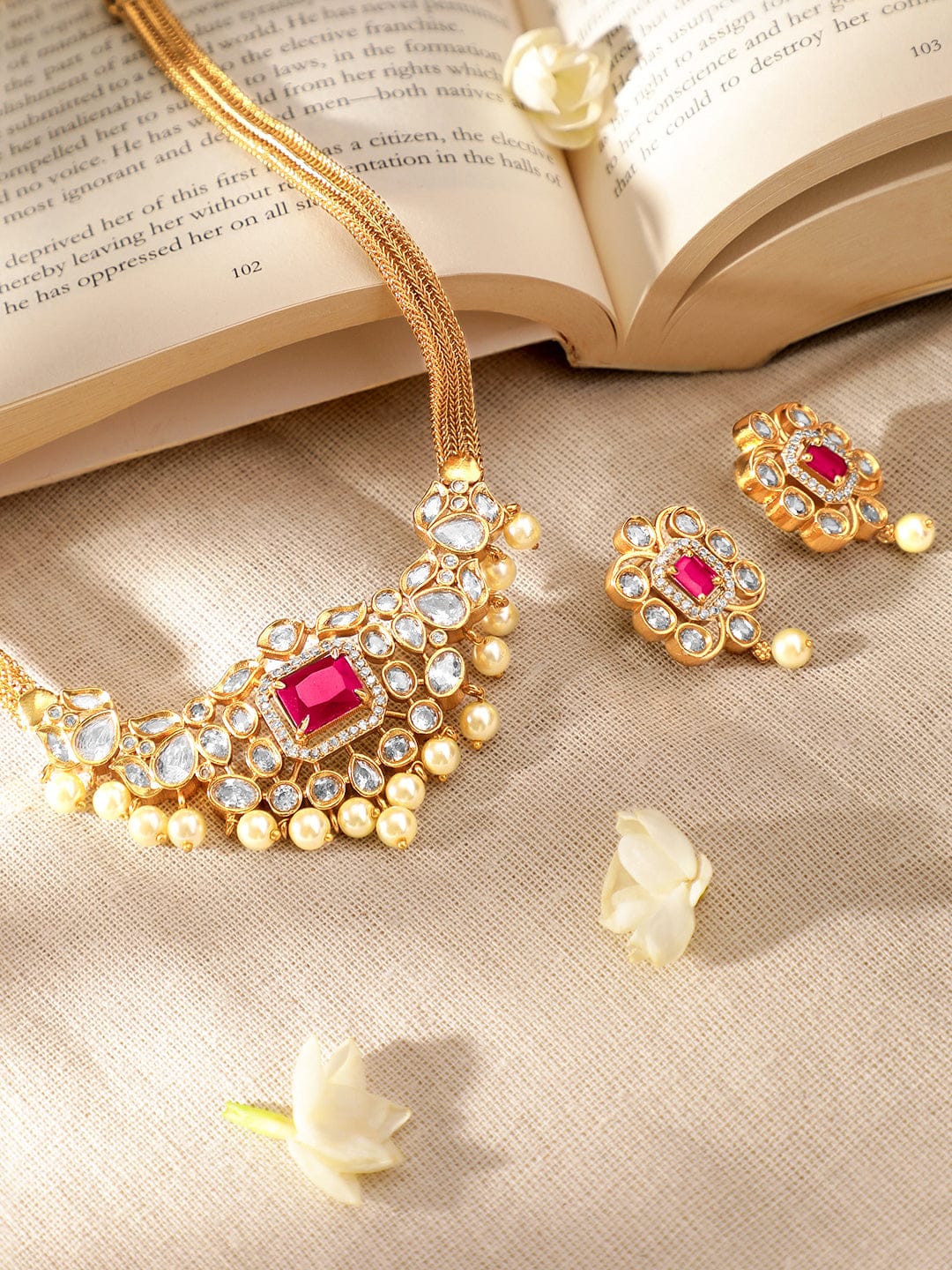 Rubans 22K Gold-Plated Ruby & CZ Studded Necklace & Earrings Jewellery Set