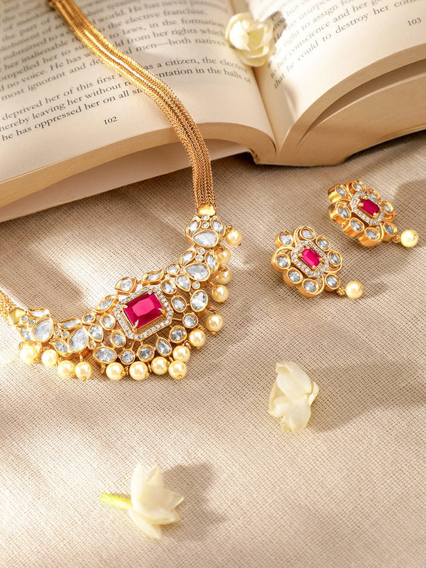 Rubans 22K Gold-Plated Ruby & CZ Studded Necklace & Earrings Jewellery Set