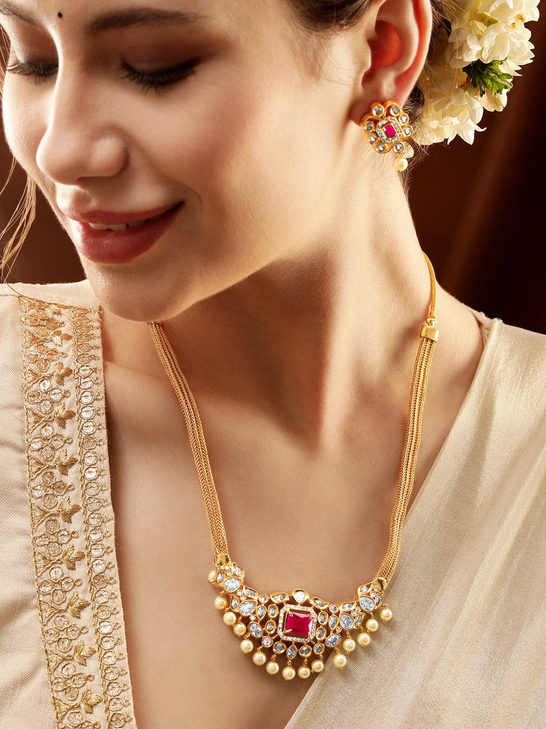 Rubans 22K Gold-Plated Ruby & CZ Studded Necklace & Earrings Jewellery Set
