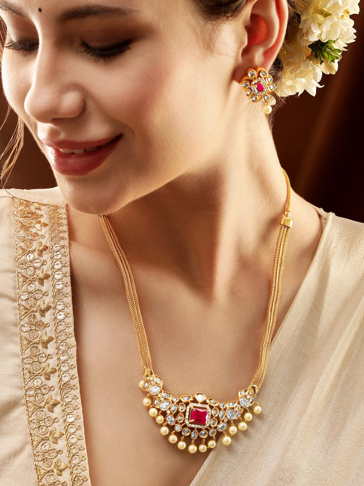 Rubans 22K Gold-Plated Ruby & CZ Studded Necklace & Earrings Jewellery Set