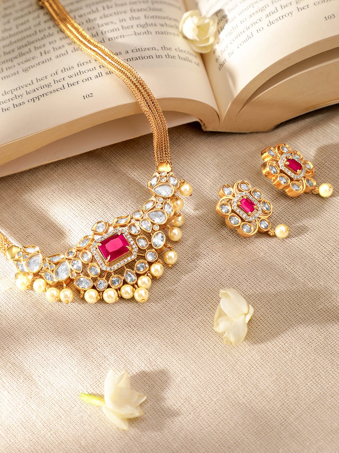 Rubans 22K Gold-Plated Ruby & CZ Studded Necklace & Earrings Necklace Set