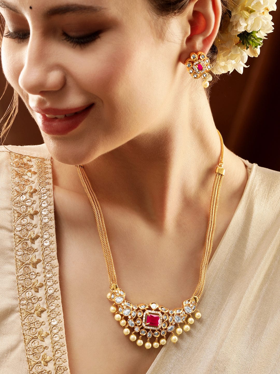 Rubans 22K Gold-Plated Ruby & CZ Studded Necklace & Earrings Necklace Set