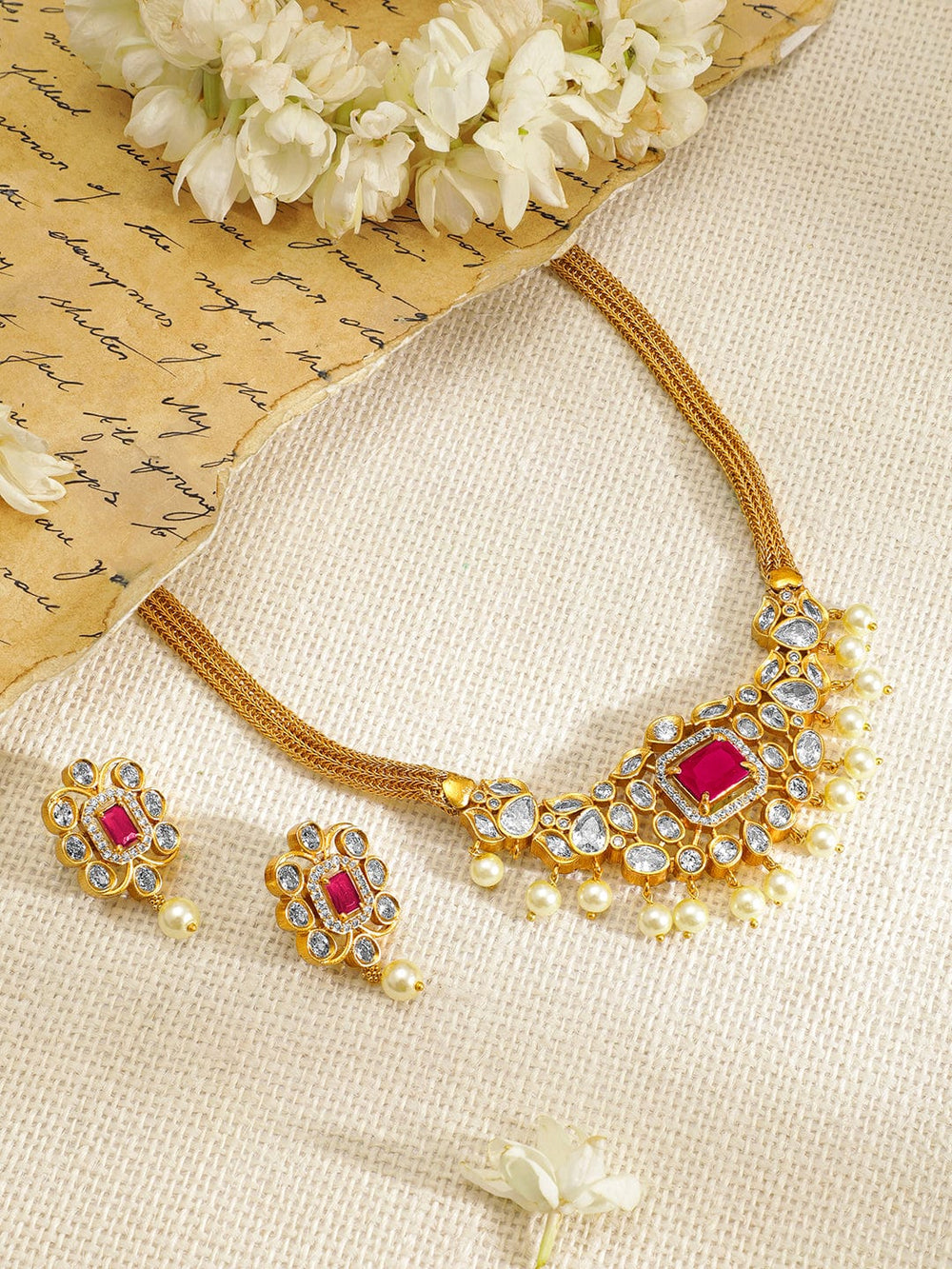 Rubans 22K Gold-Plated Ruby & CZ Studded Necklace & Earrings Necklace Set