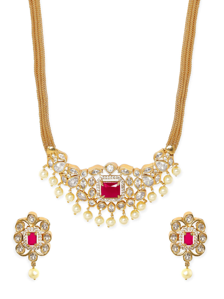 Rubans 22K Gold-Plated Ruby & CZ Studded Necklace & Earrings Necklace Set