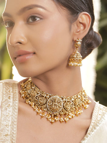 Rubans 22K Gold-Plated Ruby, CZ Studded Temple Choker Necklace Set with Pearl Beads Necklace Set