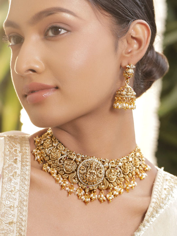 Rubans 22K Gold-Plated Ruby, CZ Studded Temple Choker Necklace Set with Pearl Beads Necklace Set