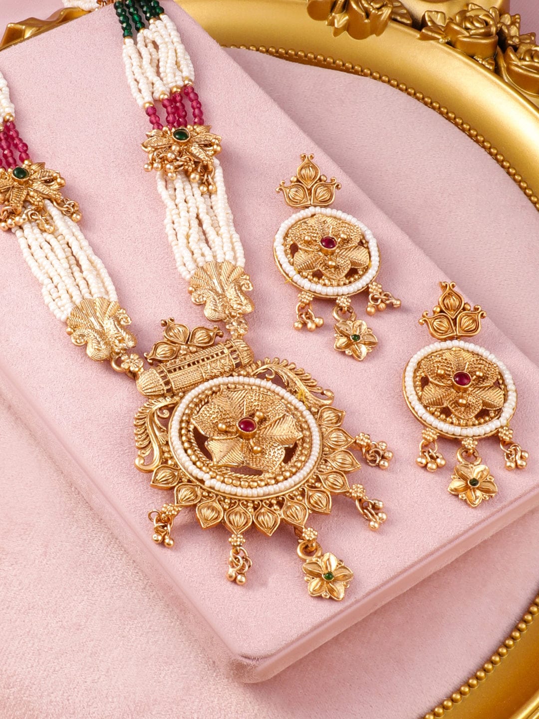 Rubans 22K Gold-Plated Ruby & Emerald Accents and Pearl Beaded Multi-Strands Temple Jewelry Set Jewellery Set