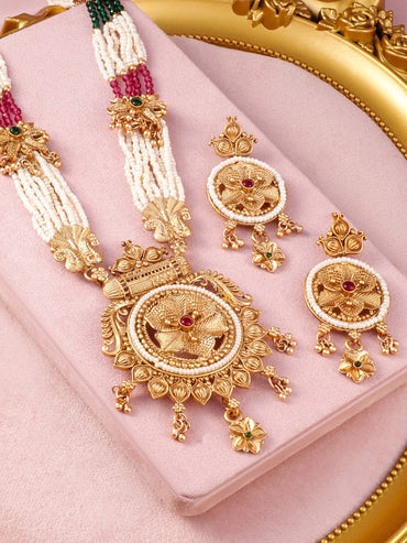 Rubans 22K Gold-Plated Ruby & Emerald Accents and Pearl Beaded Multi-Strands Temple Jewelry Set Jewellery Set