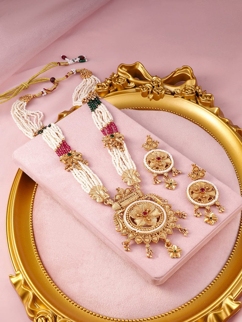 Rubans 22K Gold-Plated Ruby & Emerald Accents and Pearl Beaded Multi-Strands Temple Jewelry Set Jewellery Set