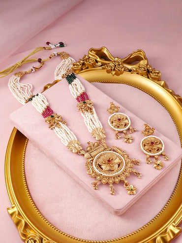Rubans 22K Gold-Plated Ruby & Emerald Accents and Pearl Beaded Multi-Strands Temple Jewelry Set Jewellery Set