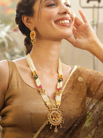 Rubans 22K Gold-Plated Ruby & Emerald Accents and Pearl Beaded Multi-Strands Temple Jewelry Set Necklace Set