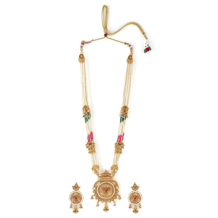 Rubans 22K Gold-Plated Ruby & Emerald Accents and Pearl Beaded Multi-Strands Temple Jewelry Set Necklace Set