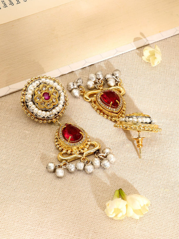 Rubans 22K Gold-Plated Ruby,Emerald & Blue Stone Studded Choker Set with Gold-Silver Beads Jewellery Set