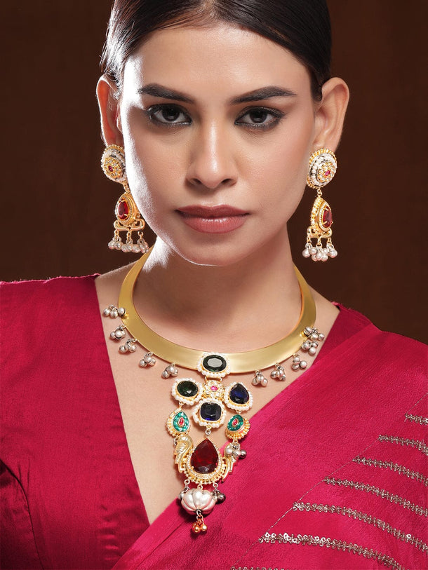 Rubans 22K Gold-Plated Ruby,Emerald & Blue Stone Studded Choker Set with Gold-Silver Beads Jewellery Set