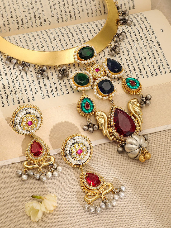 Rubans 22K Gold-Plated Ruby,Emerald & Blue Stone Studded Choker Set with Gold-Silver Beads Jewellery Set
