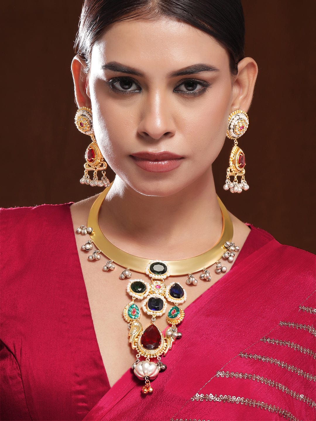 Rubans 22K Gold-Plated Ruby,Emerald & Blue Stone Studded Choker Set with Gold-Silver Beads Necklace Set