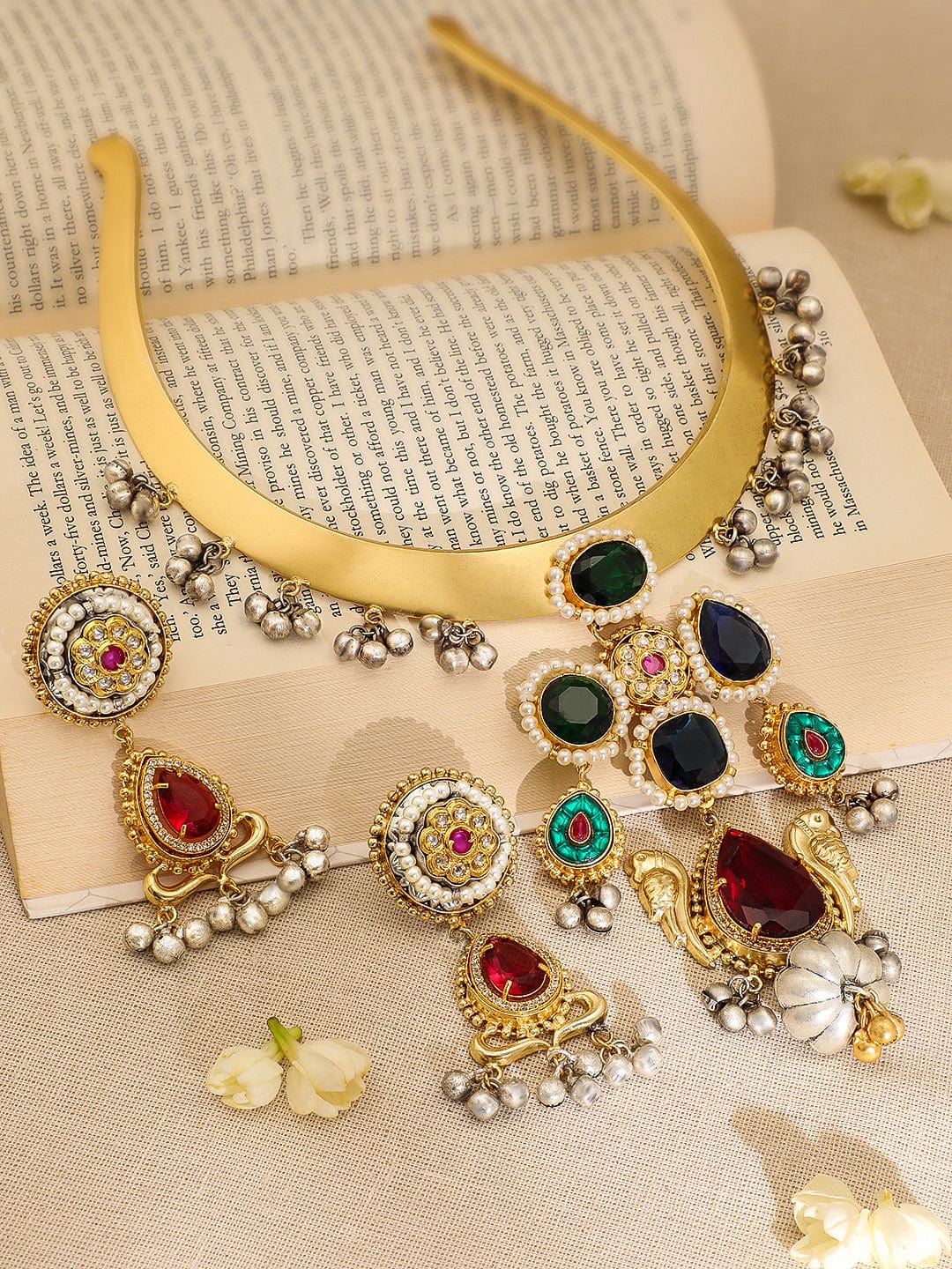 Rubans 22K Gold-Plated Ruby,Emerald & Blue Stone Studded Choker Set with Gold-Silver Beads Necklace Set