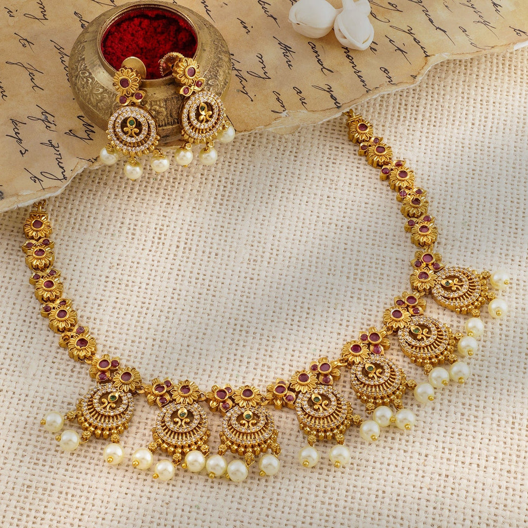 Rubans 22K Gold-Plated Ruby & Emerald Cubic Zicronia Stone Necklace Set with Pearl Drops Necklace set