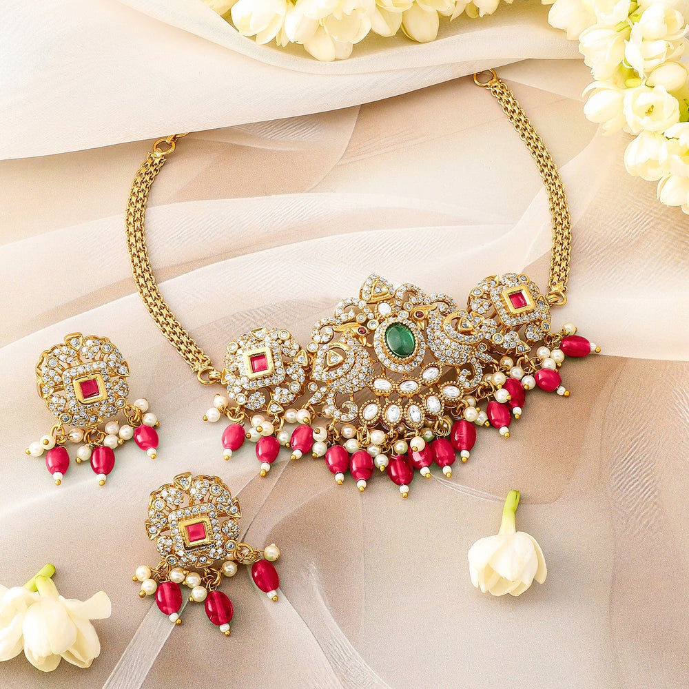 Rubans 22K Gold Plated Ruby, Emerald & Cubic Zirconia Choker Set with Red & Pearl Beads Choker set