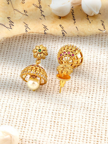 Rubans 22K Gold-Plated Ruby, Emerald & Cubic Zirconia Studded Choker Set with Pearl Drops Jewellery Set