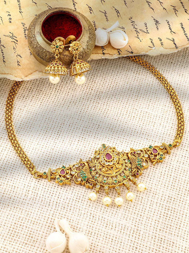 Rubans 22K Gold-Plated Ruby, Emerald & Cubic Zirconia Studded Choker Set with Pearl Drops Jewellery Set