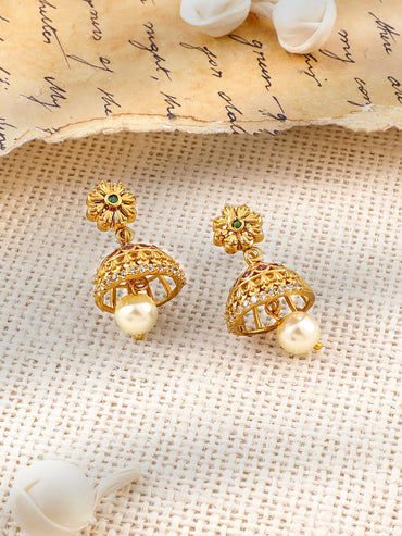 Rubans 22K Gold-Plated Ruby, Emerald & Cubic Zirconia Studded Choker Set with Pearl Drops Jewellery Set