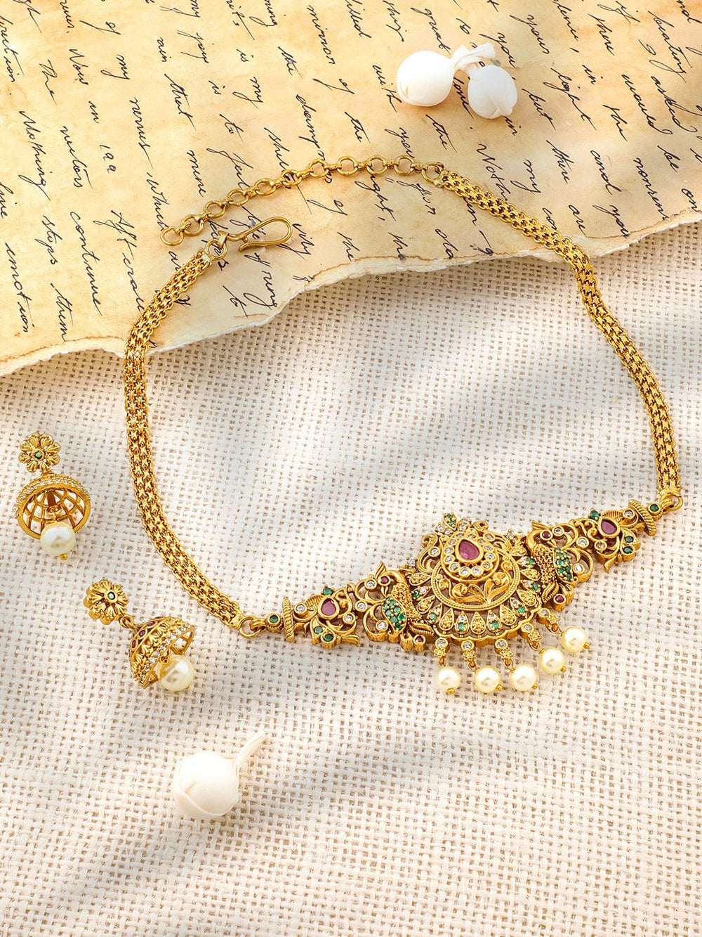Rubans 22K Gold-Plated Ruby, Emerald & Cubic Zirconia Studded Choker Set with Pearl Drops Jewellery Set