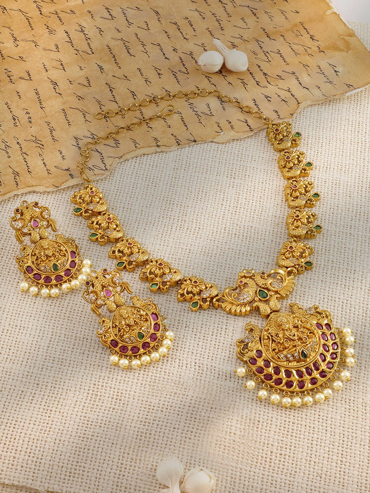 Rubans 22K Gold-Plated Ruby & Emerald Cubic Zirconia Studded Divine Lakshmi Temple Jewellery Set with Pearl Drops Necklace set