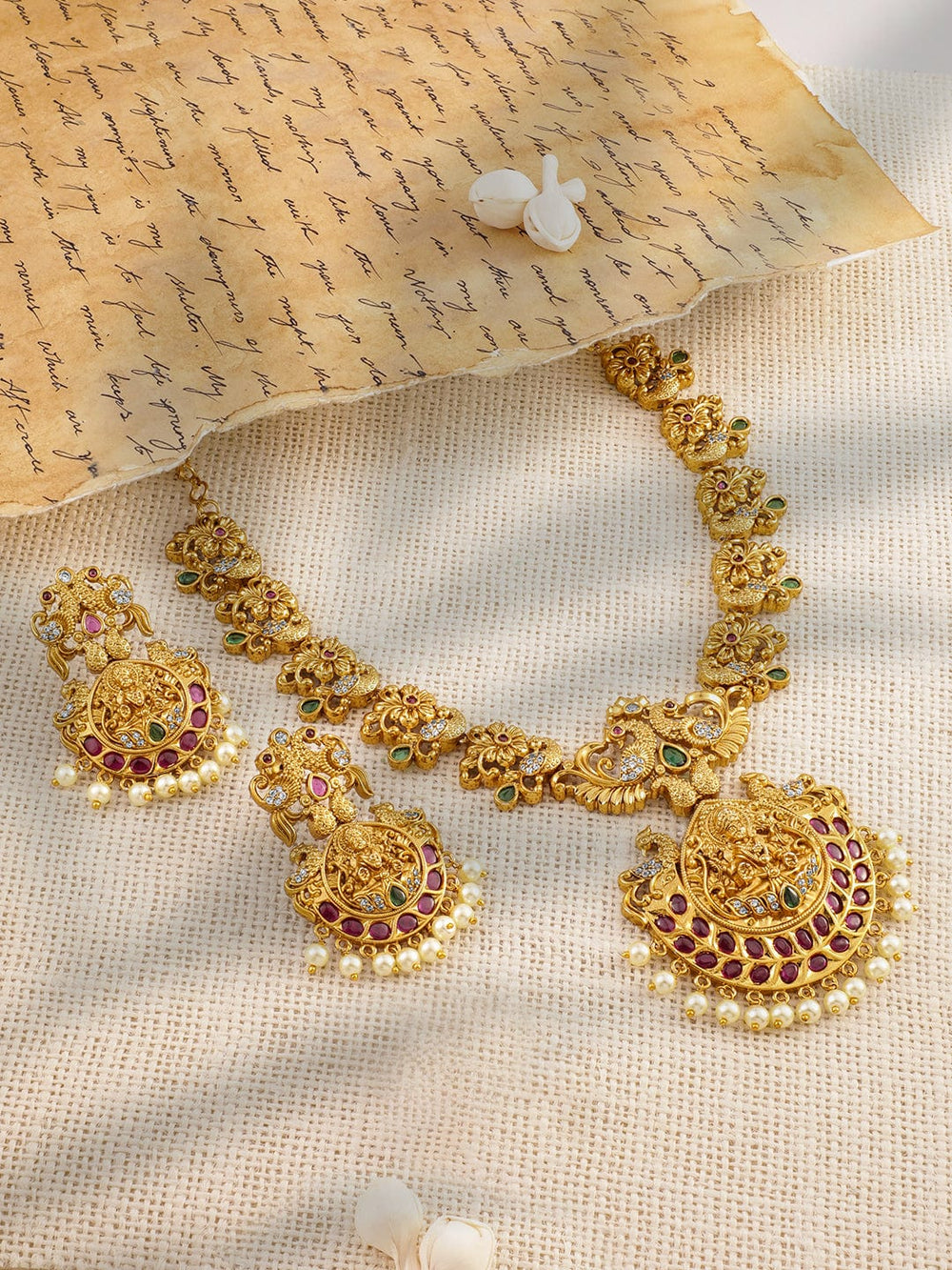 Rubans 22K Gold-Plated Ruby & Emerald Cubic Zirconia Studded Divine Lakshmi Temple Jewellery Set with Pearl Drops Necklace set