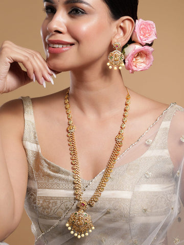 Rubans 22K Gold-Plated Ruby & Emerald Cubic Zirconia Studded Divine Lakshmi Temple Jewellery Set with Pearl Drops Necklace set